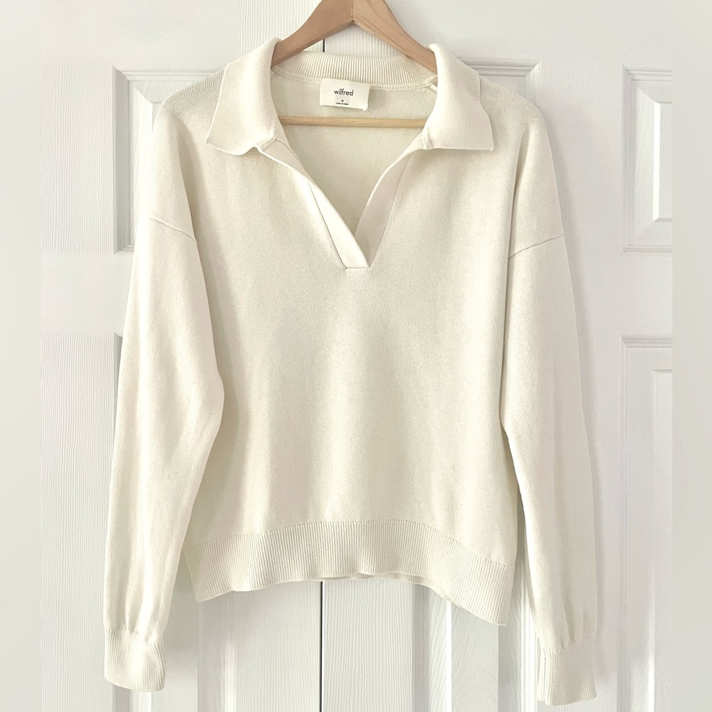Aritzia Cream Collared V-Neck Sweater